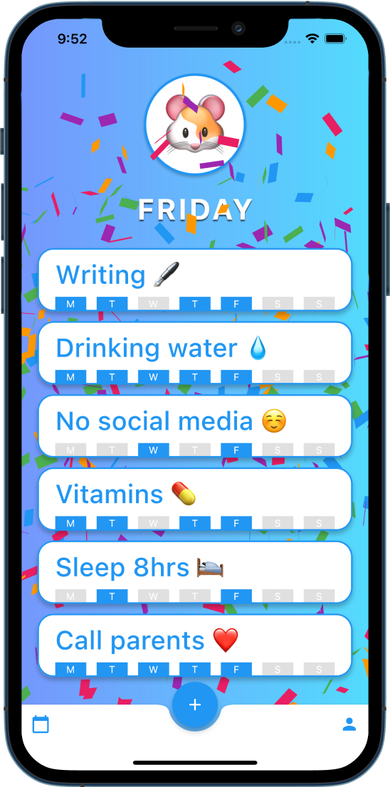 iPhone showing Small Wins app screen. It shows the current day, a list of tasks and each task has marked a day of the week when it was completed. There's celebration confetti as the user just completed a task